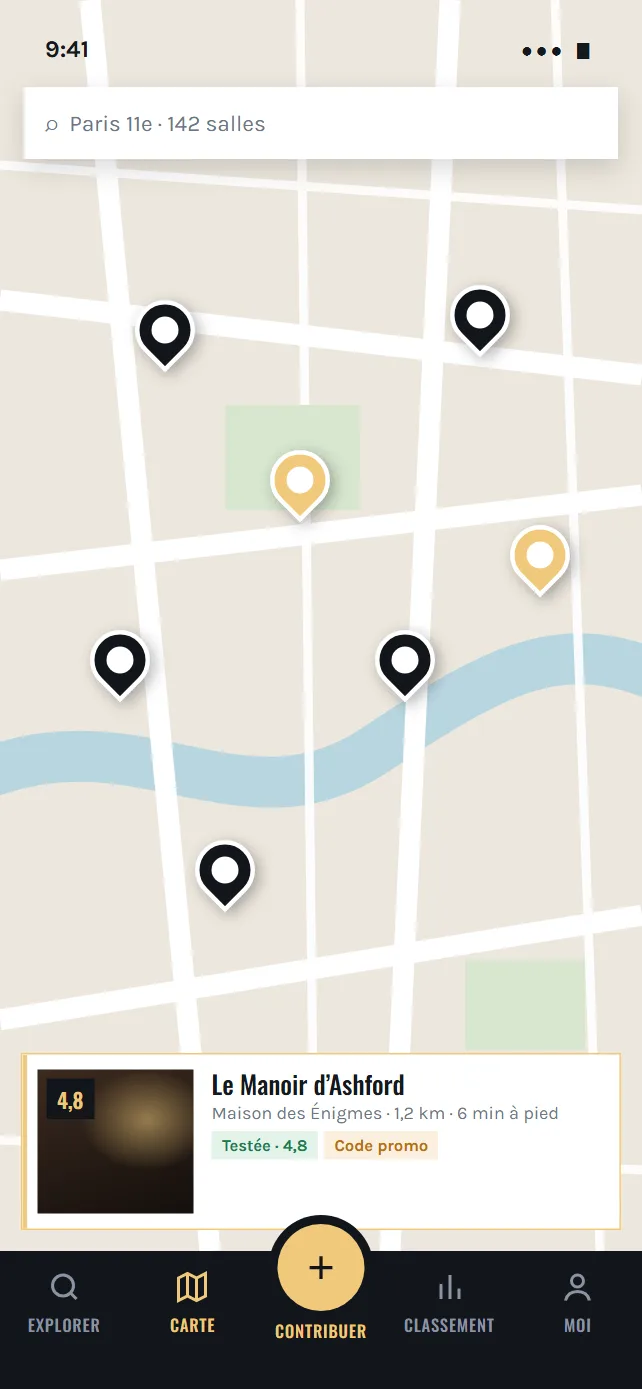 Écran de l'app : les salles sur la carte