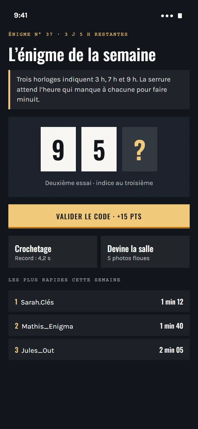 Écran de l'app : l'énigme de la semaine et les mini-jeux