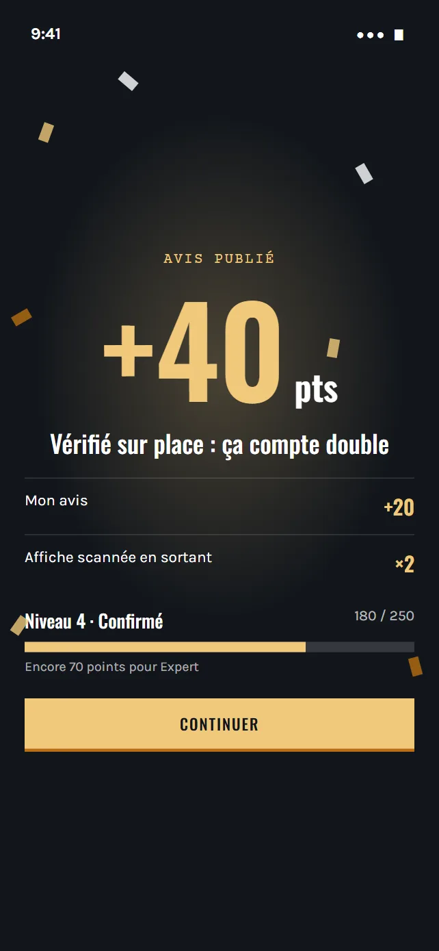 Écran de l'app : les points gagnés, doublés pour un avis vérifié sur place