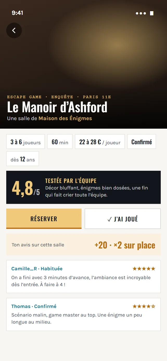 Écran de l'app : la fiche d'une salle testée par l'équipe, avec joueurs, durée, prix, niveau et avis
