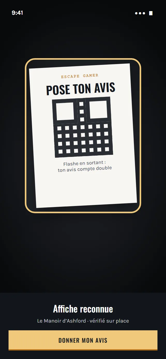 Écran de l'application : l'affiche « Pose ton avis » flashée à la sortie d'une salle.