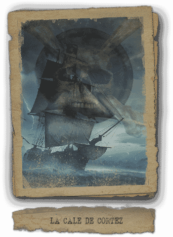 Gravure ancienne d'un navire pirate dans la brume, carte usée de La cale de Cortez