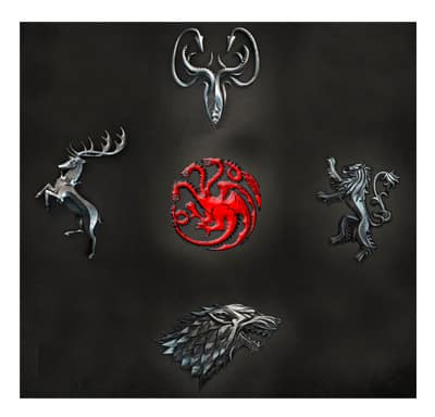 Quatre blasons de maisons nobiliaires autour d'un dragon rouge sur fond noir