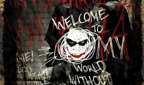 Graffiti d'un clown au sourire fou sur fond de rires rouges, salle Why so serious chez Locus Enigma à Mauguio