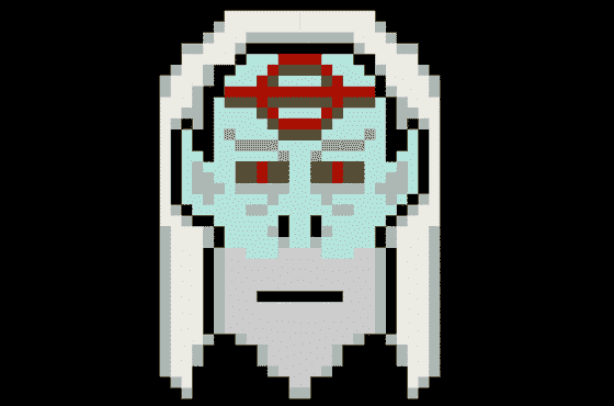 Personnage pixelisé aux yeux rouges lumineux dans l'univers Tete chercheuse