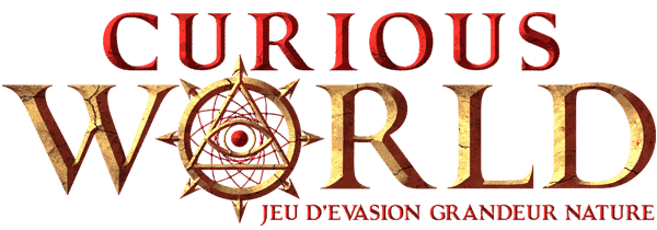 Logo de Curious World, escape game à Cannes, avec symbole ésotérique doré et oeil