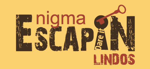 Bandeau jaune Enigma Escapin Lindos aux lettres brunes et clé rouge, escape rooms de Lindos Princess Beach Hotel