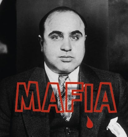 Visage d'un homme en veston sombre, titre Mafia et goutte de sang, salle L'affaire Capone chez Games Escape Game à Mornant