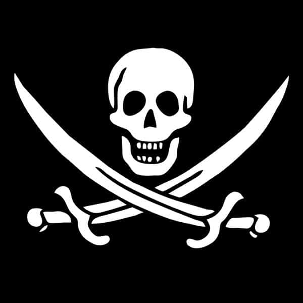 Drapeau pirate noir avec crâne et deux sabres croisés, thème boucanier Le trésor des boucaniers
