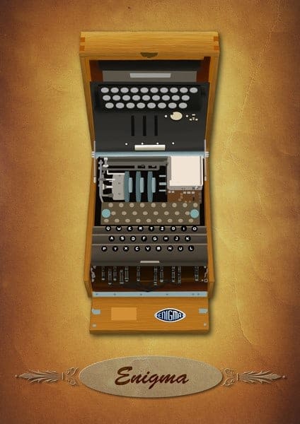 Machine de chiffrement Enigma vintage en bois, décor historique de la salle de décryptage chez Steam escape Limoges