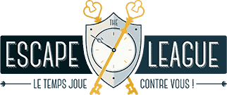 Logo d'Escape League, escape game à Poitiers, avec horloge et bouclier
