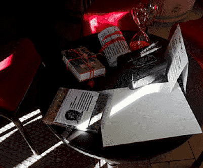 Objets d'enquête et documents éparpillés sous lumière rouge dans Le Clan des Louis Rouges