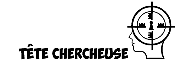 Logo de Tête Chercheuse, escape game à Lacanau, profil avec cible et engrenages