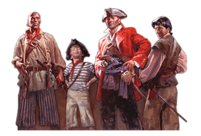 Quatre personnages en tenues de pirates et habits d'époque dans LA CALE INFERNALE