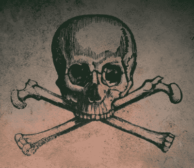 Crâne et tibias entrecroisés, gravure sépia usée, ambiance pirate dans Le Mystère de Barbe-Noire à Lyon