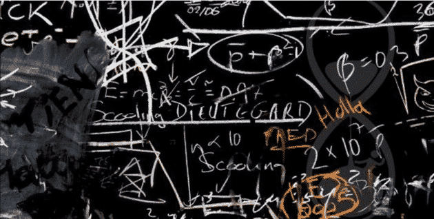 Tableau noir couvert de formules et de schémas à la craie, salle Virus Progenitor chez L'Expérience à Montélimar