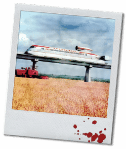 Train de voyageurs sur viaduc, champ de blé roux et fleurs rouges tombées dans Aiguillage fatal