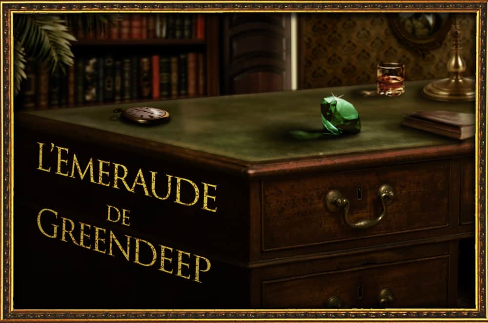 Bureau en bois avec émeraude verte, livres et verre, dans L'Emeraude de Greendeep