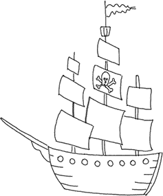 Dessin au trait d'un voilier pirate à pavillon à tête de mort, salle Pirates des Caraïbes chez Team exit à Semoy