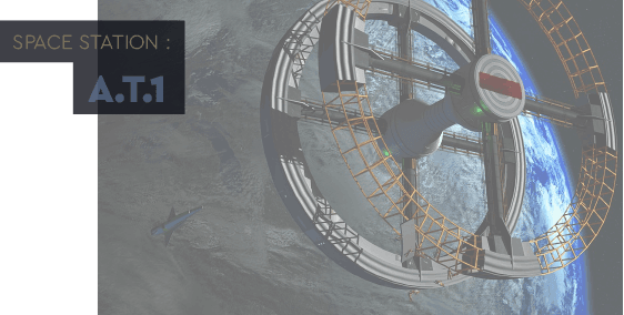 Station spatiale A.T.1 en orbite, hublots et structures métalliques futuristes