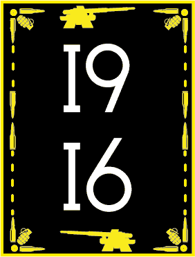 Chiffres 1916 blancs sur fond noir dans un cadre jaune décoré, salle 1916 chez La Clé du Bastion à Belfort