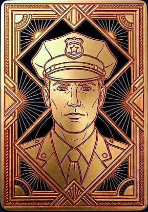 Carte dorée ornée d'un policier de face en casquette, salle Bleue chez Escape Game Bastille à Grenoble