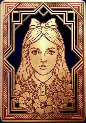 Carte dorée au portrait d'une jeune fille à ruban et fleurs, salle Bleue chez Escape Game Bastille à Grenoble