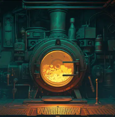 Chaudière de locomotive ronde aux flammes dorées et tuyaux verts, salle Enquête à bord de l'Orient-Express