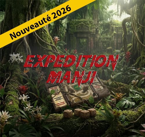Affiche Expédition Manji, nouveauté 2026 : temple dans une jungle, plantes et livres, salle chez Total Xscape