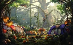 Forêt fantastique avec créatures colorées, champignons géants et ambiance onirique chez Mind and Run