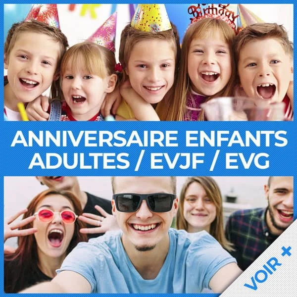 Enfants et adultes souriants avec chapeaux de fête chez Escape Time à Barjouville