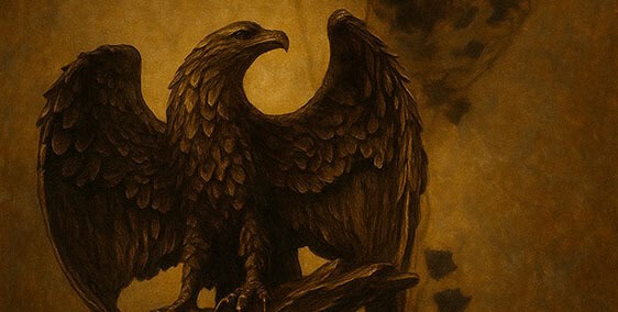 Aigle aux ailes déployées sculpté sur fond doré, salle Les secrets d'Excalibur chez Tempus à Bayonne