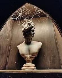 Buste de statue antique couvert de toiles d'araignée dans une niche de bois, salle Paranormal, Time Adventure