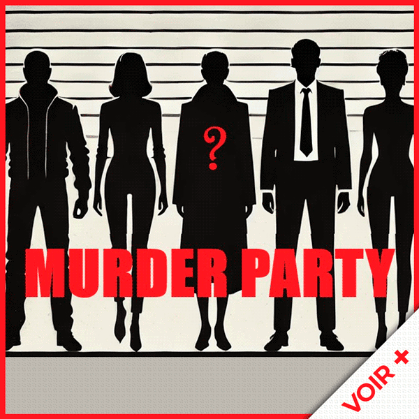 Cinq silhouettes en ligne d'identification, l'une marquée d'un point d'interrogation rouge, pour Murder Party chez Escape Circus