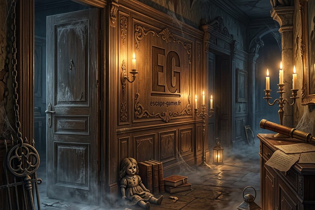 Illustration de l'univers des salles de OUT ! Escape Game, avec le logo Escape Gamer (pas une photo des salles)