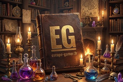 Illustration de l'univers de Hôtel mystique, avec le logo Escape Gamer (pas une photo de la salle)
