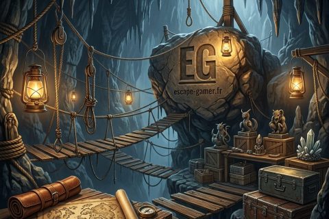 Illustration de l'univers de Le cabinet des mondes oubliés, avec le logo Escape Gamer (pas une photo de la salle)
