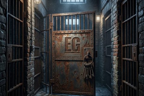 Illustration de l'univers de Prison Island, avec le logo Escape Gamer (pas une photo de la salle)