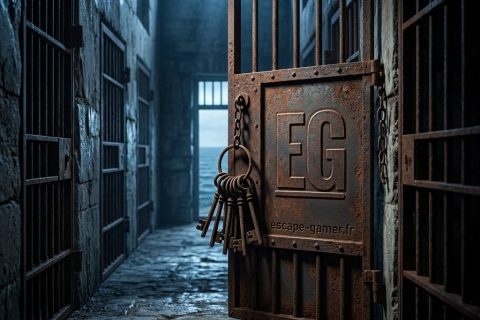 Illustration de l'univers de Prison Island, avec le logo Escape Gamer (pas une photo de la salle)