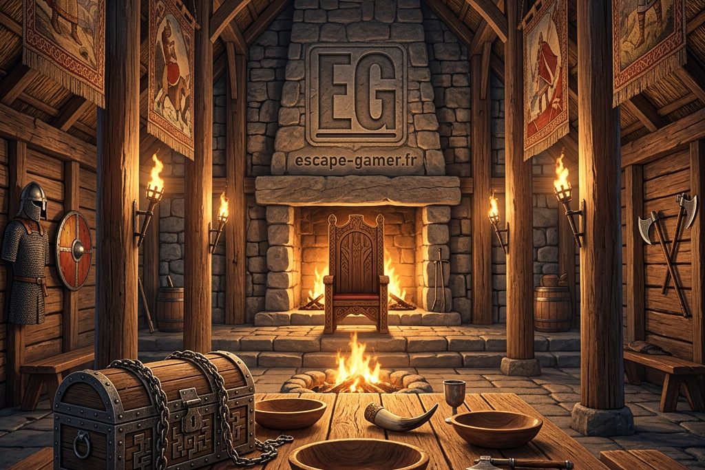 Illustration de l'univers de Salle viking, avec le logo Escape Gamer (pas une photo de la salle)