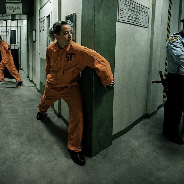 Couloir de prison avec détenus en combinaison orange et gardiens en uniforme