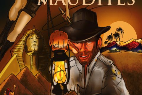 Affiche Les Reliques Maudites : aventurier au chapeau tenant une lanterne devant un masque doré, salle chez SQY Escape