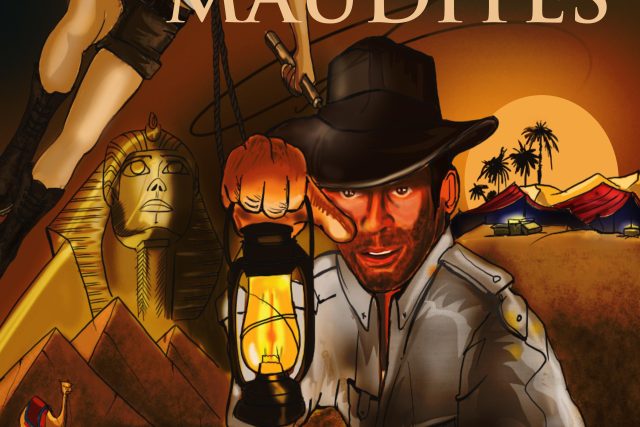 Affiche Les Reliques Maudites : aventurier au chapeau tenant une lanterne devant un masque doré, salle chez SQY Escape