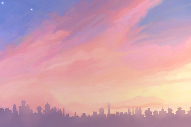 Ciel rose et bleu de coucher de soleil avec pleine lune sur un horizon de toits, salle Puzzle Escape, Steam à Vichy