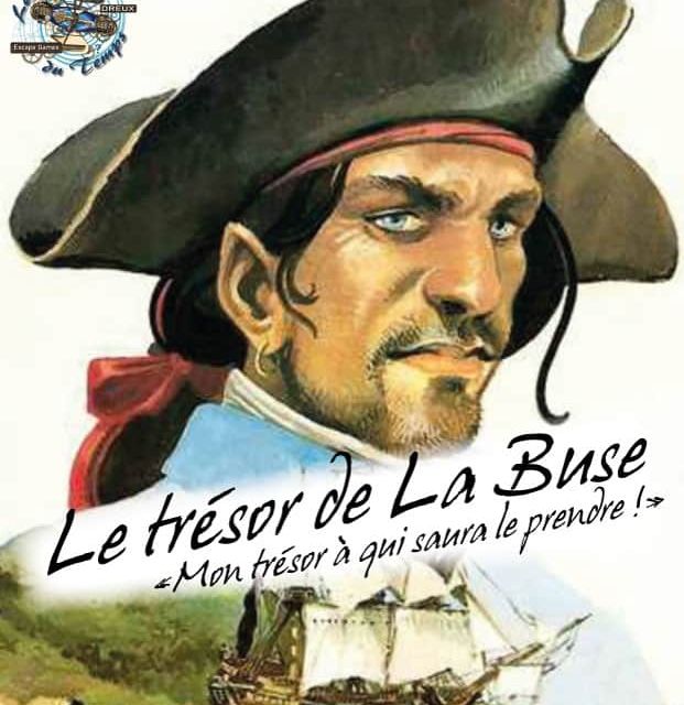 Pirate en tricorne et costume d'époque, trésor et navire en arrière-plan, thème corsaire
