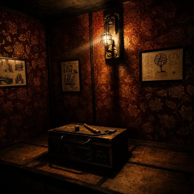 Pièce au papier peint rouge à motifs, coffre en bois et lanterne, salle Le retour de Sherlock Holmes chez Freeing à Osny