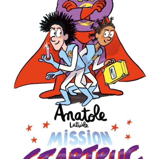 Affiche illustrée Anatole Latuile Mission Startruc avec héros masqués en cape rouge, salle chez Kairos Escape