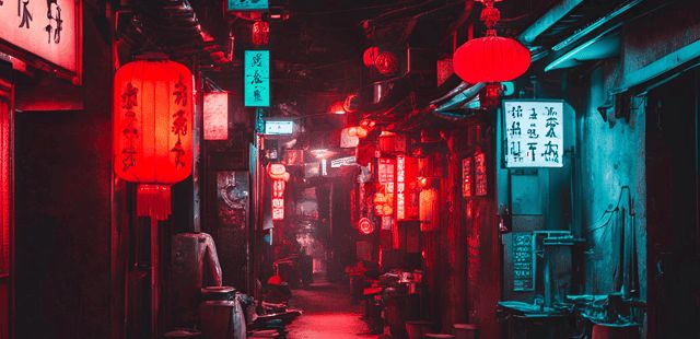 Passage étroit aux lanternes rouges et néons bleus, bandeau panoramique, salle Chinatown chez Studio Escape