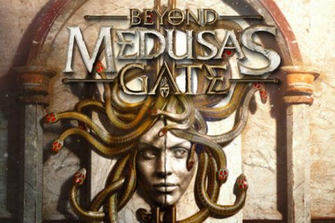 Affiche Beyond Medusa's Gate : masque de Méduse aux serpents doré dans une arche de pierre, jeu virtuel chez Inoui VR