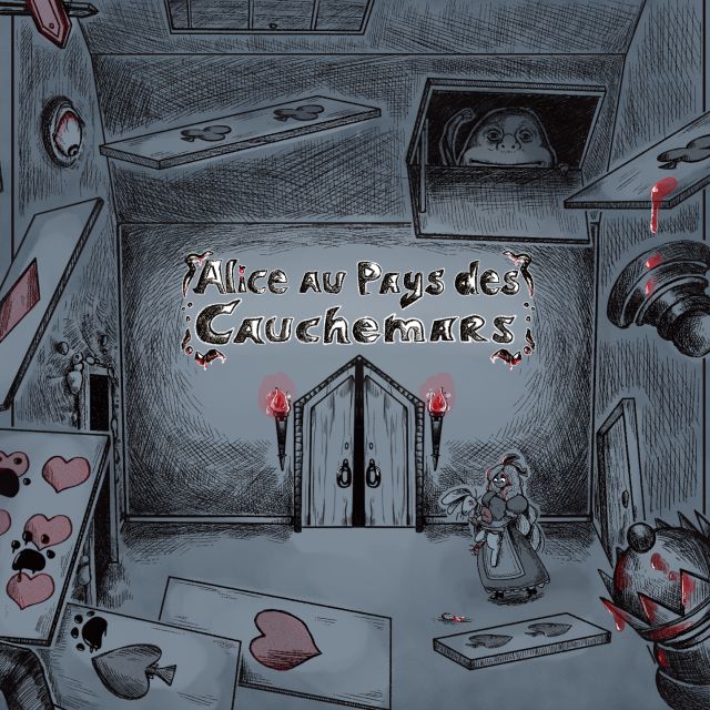 Illustration en gris et rouge du décor d'Alice au pays des cauchemars, chez Enigma Run